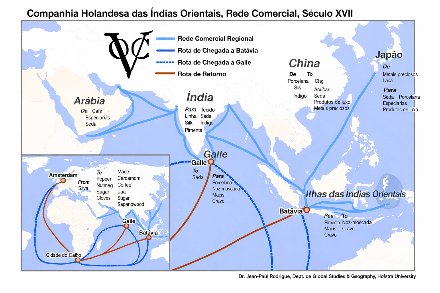 Mapa ilustrando as rotas comerciais e a esfera de influência da VOC