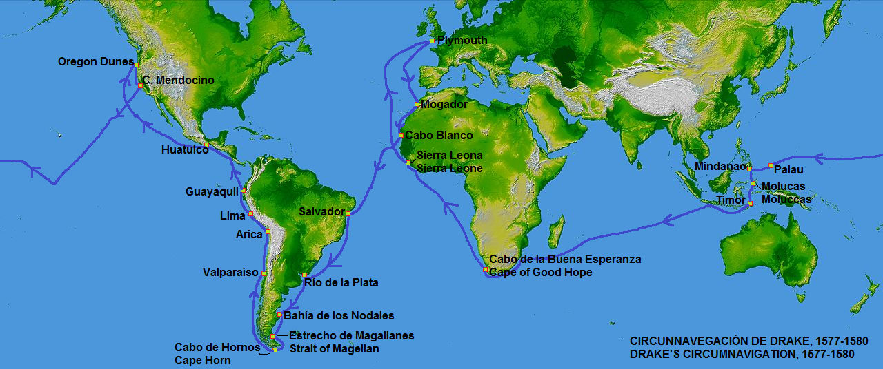 Mapa da circunavegação de Francis Drake