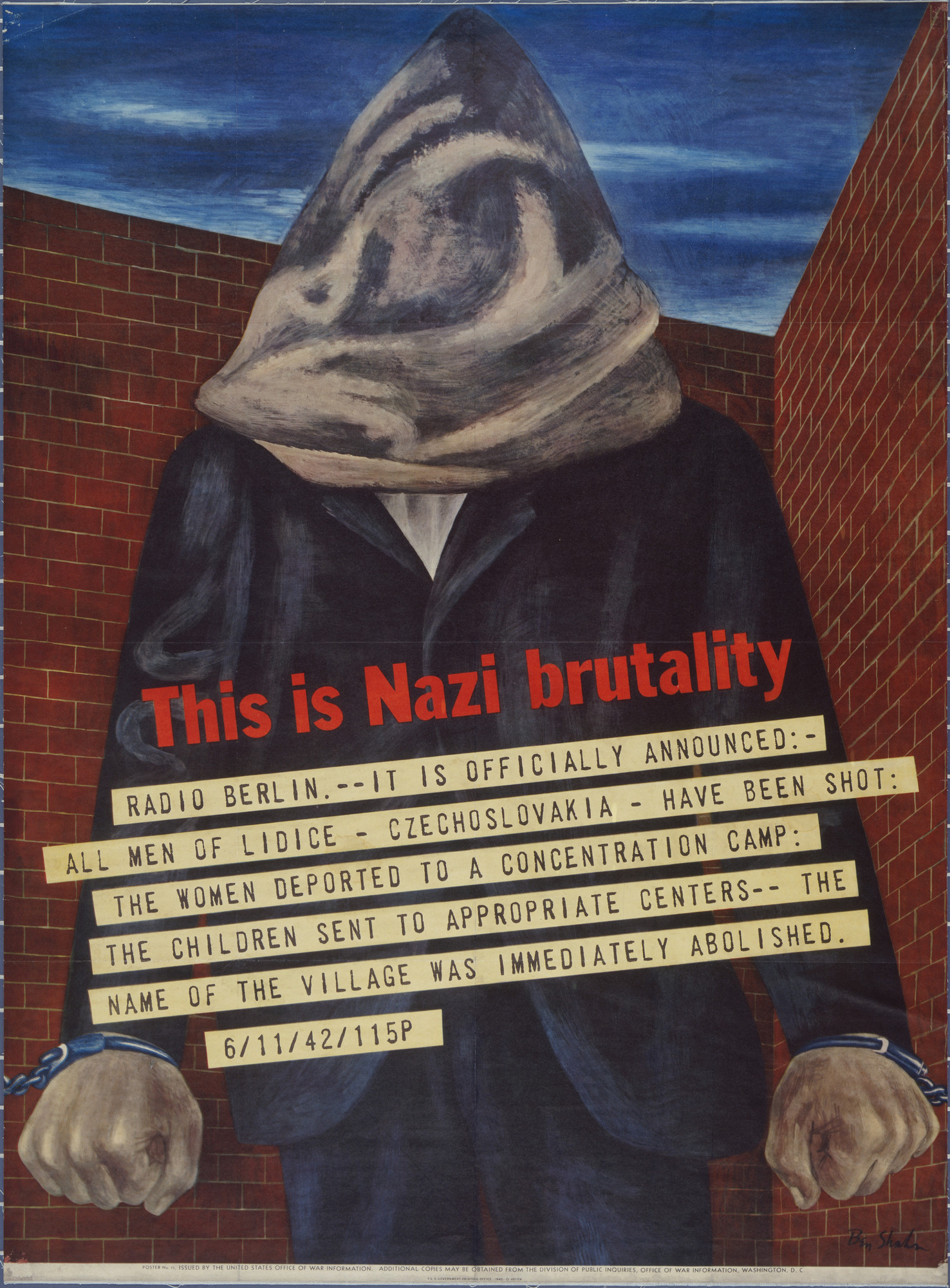 Cartaz de propaganda aliado destacando que a rádio alemã anunciou com orgulho a destruição de Lídice.