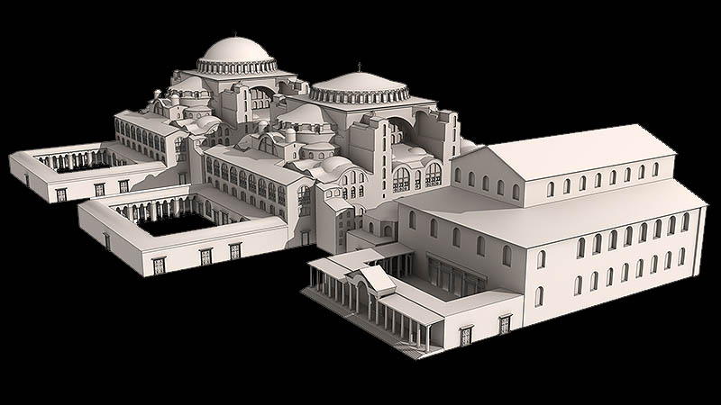 Da frente para trás: Segunda Basílica, Hagia Sophia, como era em 537 e após a reconstrução da cúpula em 562.