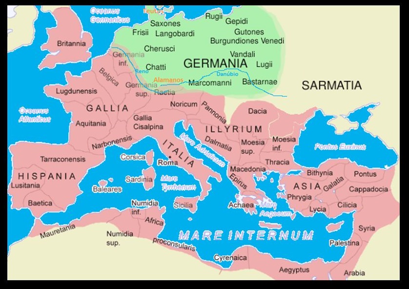 Mapa mostrando o Império Romano e os territórios germânicos no início do século I d.C.